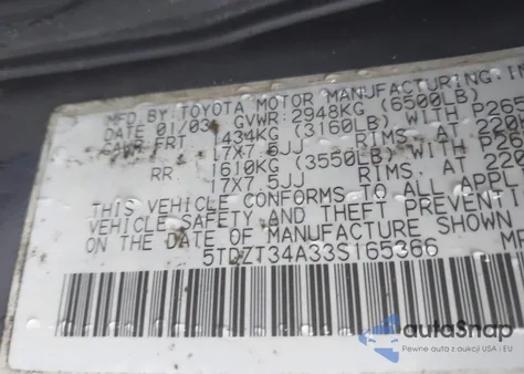 2003 Toyota Sequoia Sr5 V8 z USA, uszkodzony, nr VIN 5TDZT34A33S165366